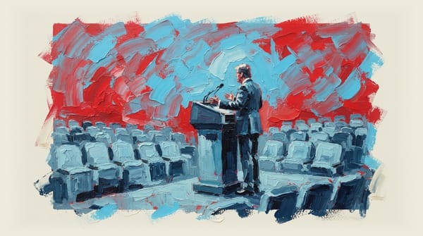 Empty auditorium seats facing a podium with a single microphone, symbolizing silence and lack of engagement in political disc