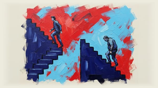 Two staircases side by side: one steep upward staircase labeled progressive taxation, one downward staircase labeled regressi