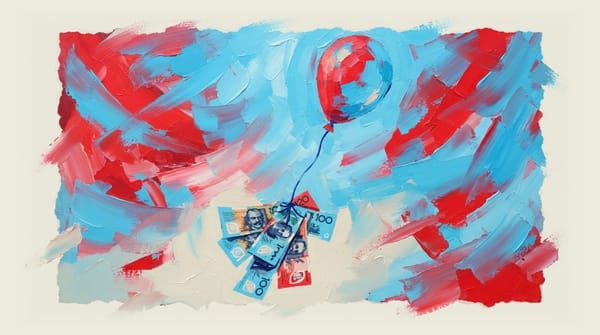 Helium balloon lifting a bundle of Australian dollar notes upward into the sky