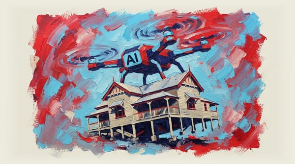 Futuristic quadcopter drone with AI lettering on its side lifting a Queensland school building