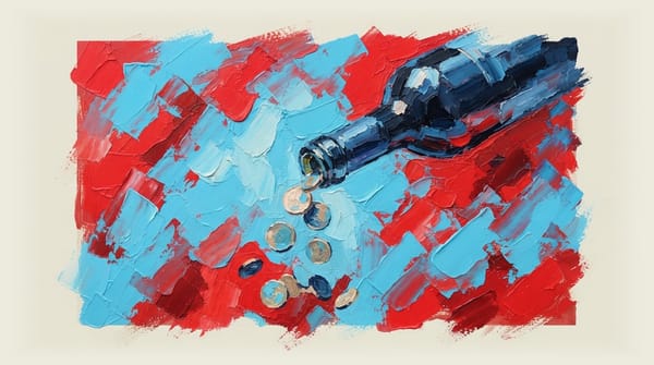Wine bottle pouring out Australian coins instead of wine onto a surface.