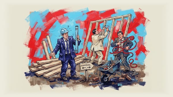 Government workers struggling to construct a house at a residential construction site