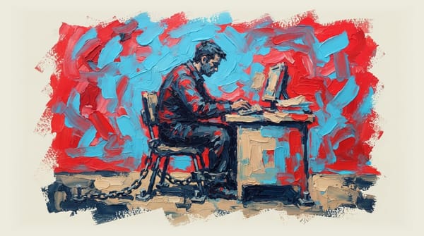 Worker chained to desk chair, symbolizing job immobility and lack of career movement opportunities