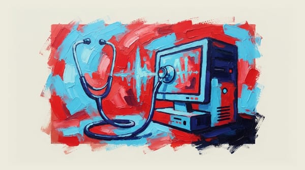 Stethoscope placed on a computer keyboard with AI-enabled interface displayed on screen
