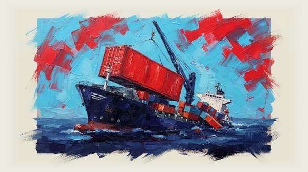 Cargo ship straining to unload an oversized shipping container that nearly capsizes the vessel.