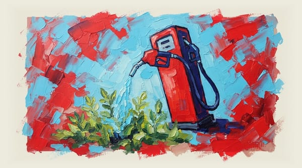 Petrol pump nozzle pouring fuel over green crop plants like water from a watering can
