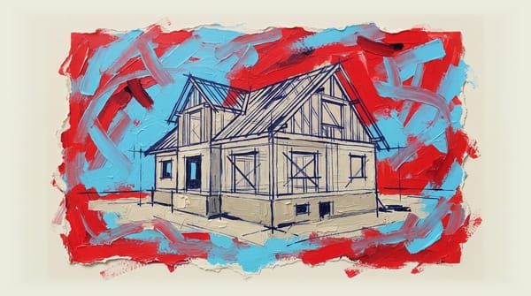 Partially constructed house frame with blueprint-style drawing overlay on incomplete section