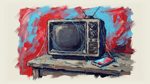 Dusty retro CRT television with cobwebs next to a glowing smartphone on a table