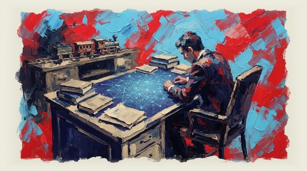 Minister's desk with glowing AI neural network pattern, toy train set dusty in background