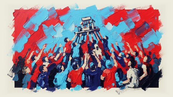 Crowd of people lifting a small business icon above their heads in a mosh pit-style gathering