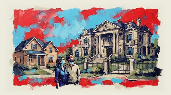 Two houses side by side: a modest suburban home next to an enormous mansion, with residents gazing toward the larger property