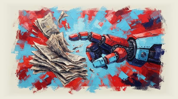 Giant robot hand flicking away old newspapers, symbolizing tech dominance over traditional media