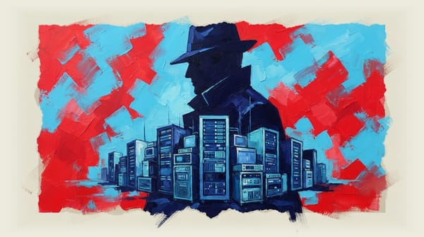 Data centre building casting a large shadow of a government official's silhouette across it.