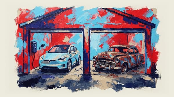 Electric vehicle charging in garage next to old rusted car