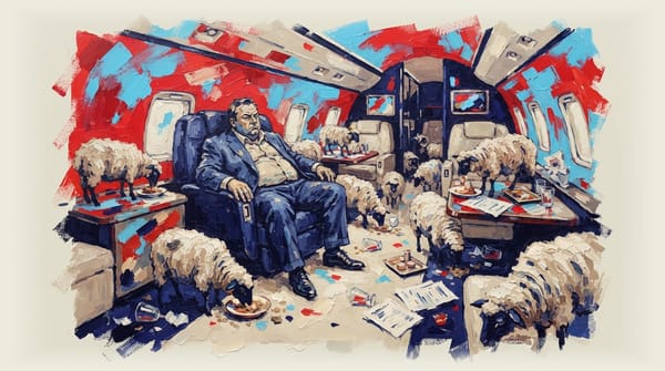 Billionaire sitting in luxury private jet cabin with sheep scattered throughout the interior