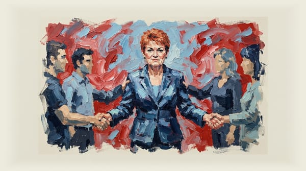 Pauline Hanson depicted with four arms simultaneously shaking hands with four different people