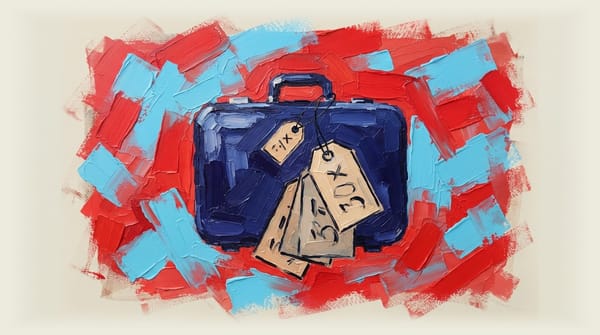 Carry-on luggage with multiple price tags hanging from the handle, symbolizing travel costs
