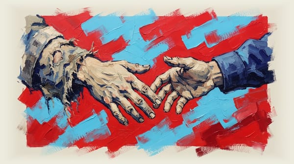 Volunteer and government official reaching together to help disaster survivor, volunteer's hand visibly worn from effort