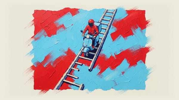 Delivery worker on scooter riding up a broken ladder, viewed from above.