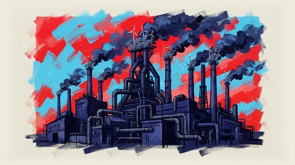 Industrial smelter with smoking stacks and crowded wind turbines clustered on top