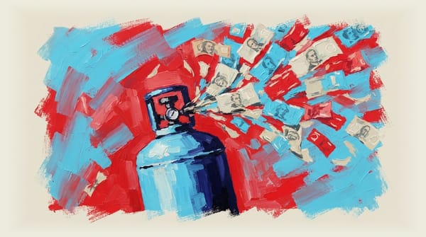 Gas canister with Australian dollar notes spraying out of it in all directions