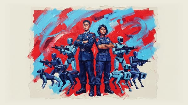 Chinese and Indonesian soldiers standing together with armed robots and robotic dogs surrounding them in a defensive formatio