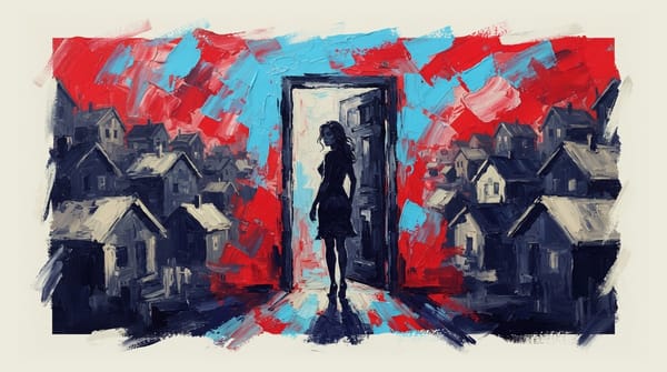 Woman's silhouette at doorway marked 'No Vacancy' with shadowy houses in background