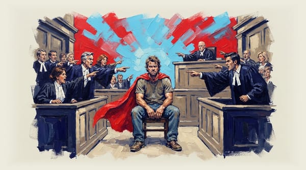 Man in superhero cape stands in courtroom while others point at him in anger