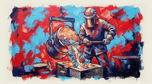 Worker in safety gear pouring Australian dollar notes into a mould instead of molten aluminium