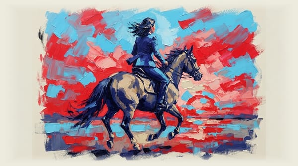Australian female politician in formal attire riding a horse toward a sunset sky