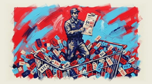 Worker holding pay slip amid overflowing shopping cart filled with price tags, illustrating wage gains versus rising costs.