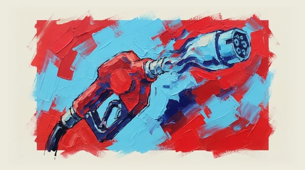 Petrol pump nozzle gradually transforming into an electrical charging plug, symbolizing the transition from gasoline to elect
