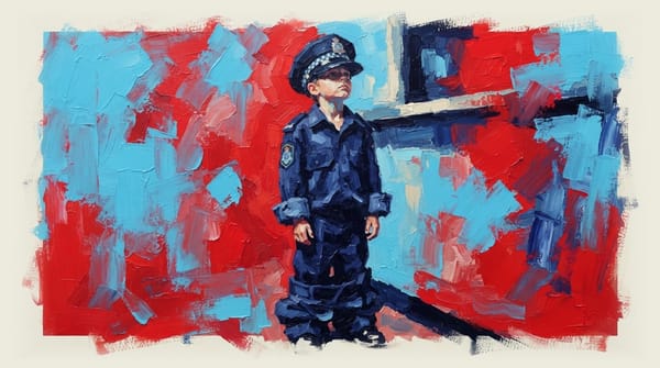 Young boy in oversized Australian police uniform standing at station counter