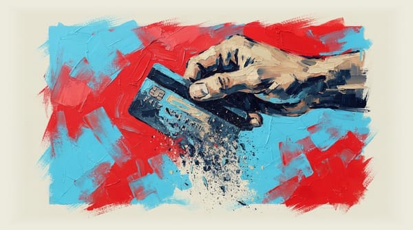 Hand holding a credit card as it crumbles and disintegrates into dust falling to the ground
