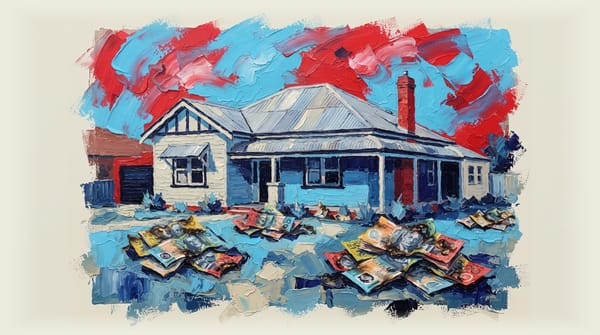Suburban Australian house with scattered burned Australian dollar notes on the front lawn