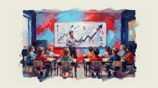 Teacher at whiteboard with upward trending graphs and dollar symbols, classroom view from back.