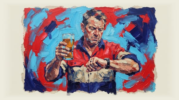 Man holding beer while checking his watch, Australian pub setting