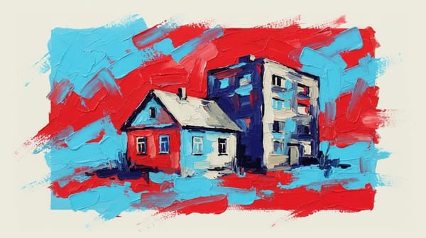 Rural house next to modern apartment building in countryside setting