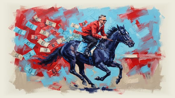 Prime Minister Albanese riding a galloping horse with Australian dollar bills floating in the wind behind him