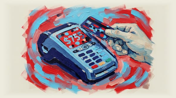 Hand holding tiny credit card toward EFTPOS terminal displaying $755 on pixelated screen