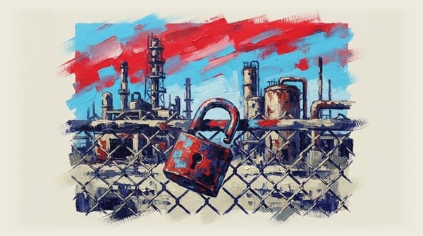 Open padlock on a fence surrounding an abandoned industrial gas plant