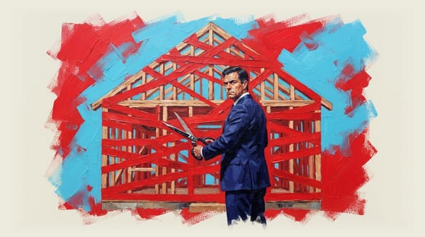 Government official with oversized scissors stands before timber-framed house wrapped entirely in red tape.