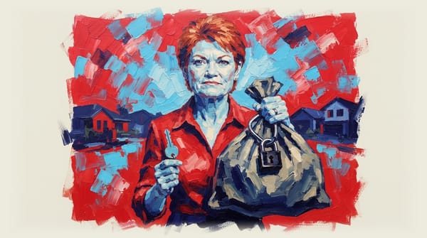 Pauline Hanson holding a locked bag of cash in one hand and a key in the other, with suburban homes in the background