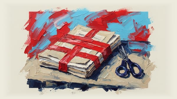 Red tape wrapped around project plan documents with scissors on desk