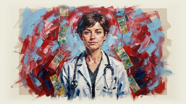 Doctor wearing stethoscope with Australian dollar notes hanging around neck