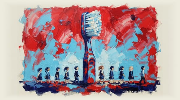 Giant toothbrush towering over a line of small children, emphasizing the scale of a dental health program.