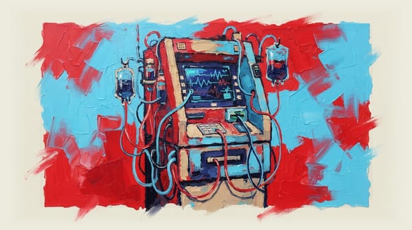ATM machine surrounded by medical tubes and monitors like a hospital life-support system