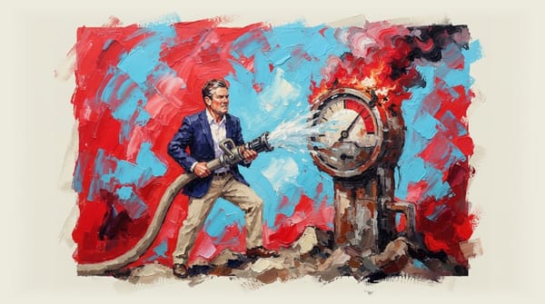 Greens politician holding large fire hose aimed at overloaded power meter smoking in red zone