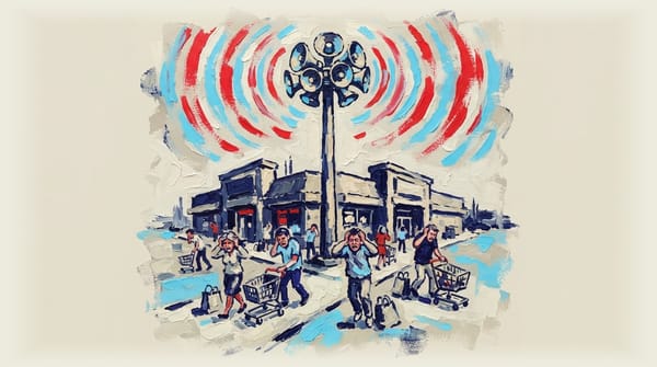 Shoppers covering ears at shopping centre with large pole and speaker blaring music, carts visible, visibly annoyed expressio