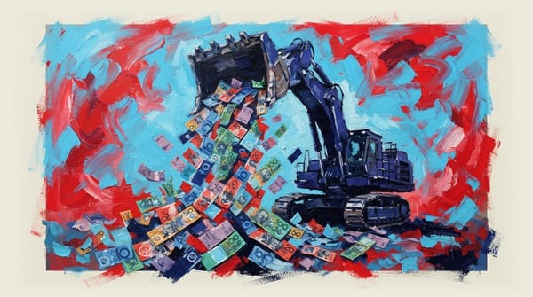 Mining excavator dumping Australian currency notes and coins